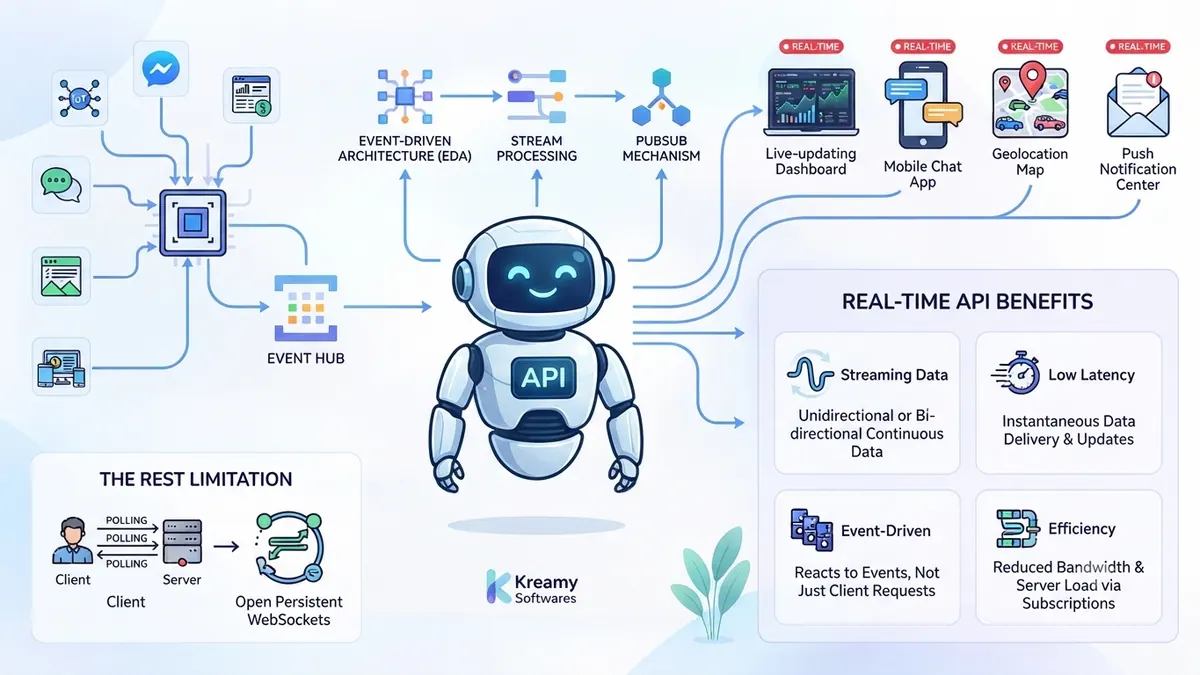 Data streams flowing between servers representing real-time APIs